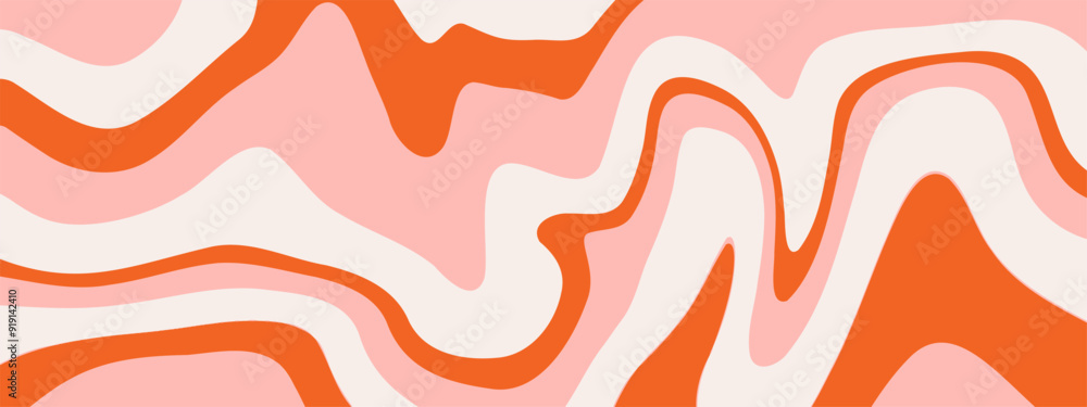 Obraz premium Groovy Waves Background. Psychedelic Abstract Wavy Curves Vector Pattern in 1970s Hippie Retro Style for Print on Textile, Wrapping Paper, Web Design and Social Media. Red and orange colors