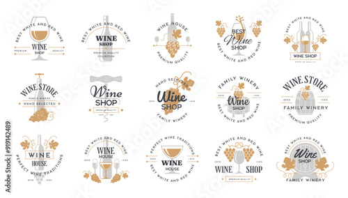 Wine badges. Identity collections of wine market logos with grapes and alcohol bottles recent templates set