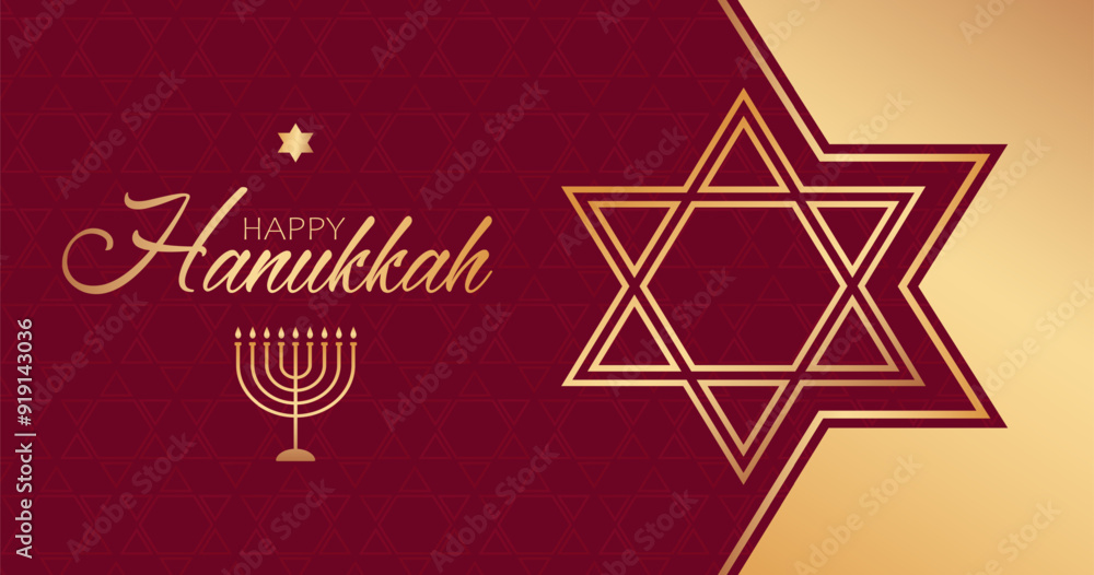 Golden text Happy Hanukkah, menorah and star of David on red background. Festive design for greeting card or poster for Jewish celebration Hanukkah. Golden text Happy Hanukkah, menorah and star of David on red background. Festive design for greeting card or poster for Jewish celebration Hanukkah.