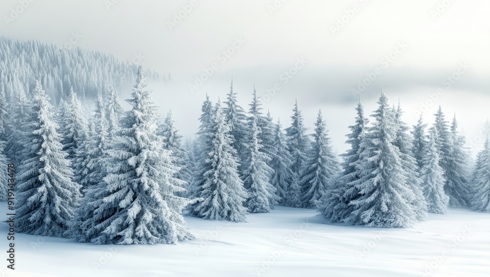 Winter woodland banner with snow covered trees in a pale fog Winter woodland banner with snow covered trees in a pale fog