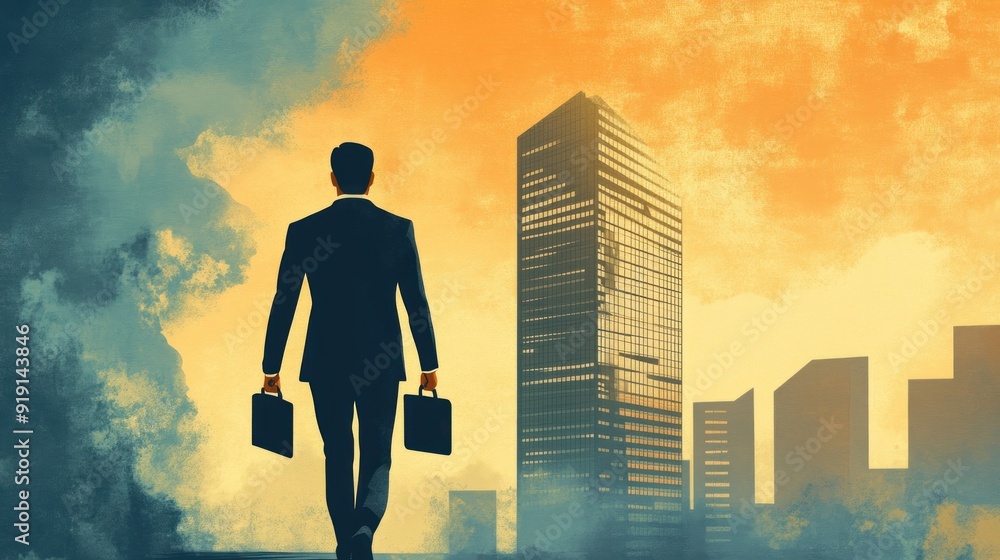 Businessman Walking Towards the City Businessman Walking Towards the City