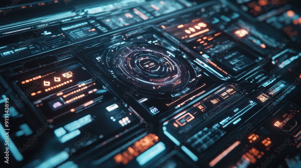 Futuristic Technology Interface with Glowing Blue and Orange Lights. Futuristic Technology Interface with Glowing Blue and Orange Lights.