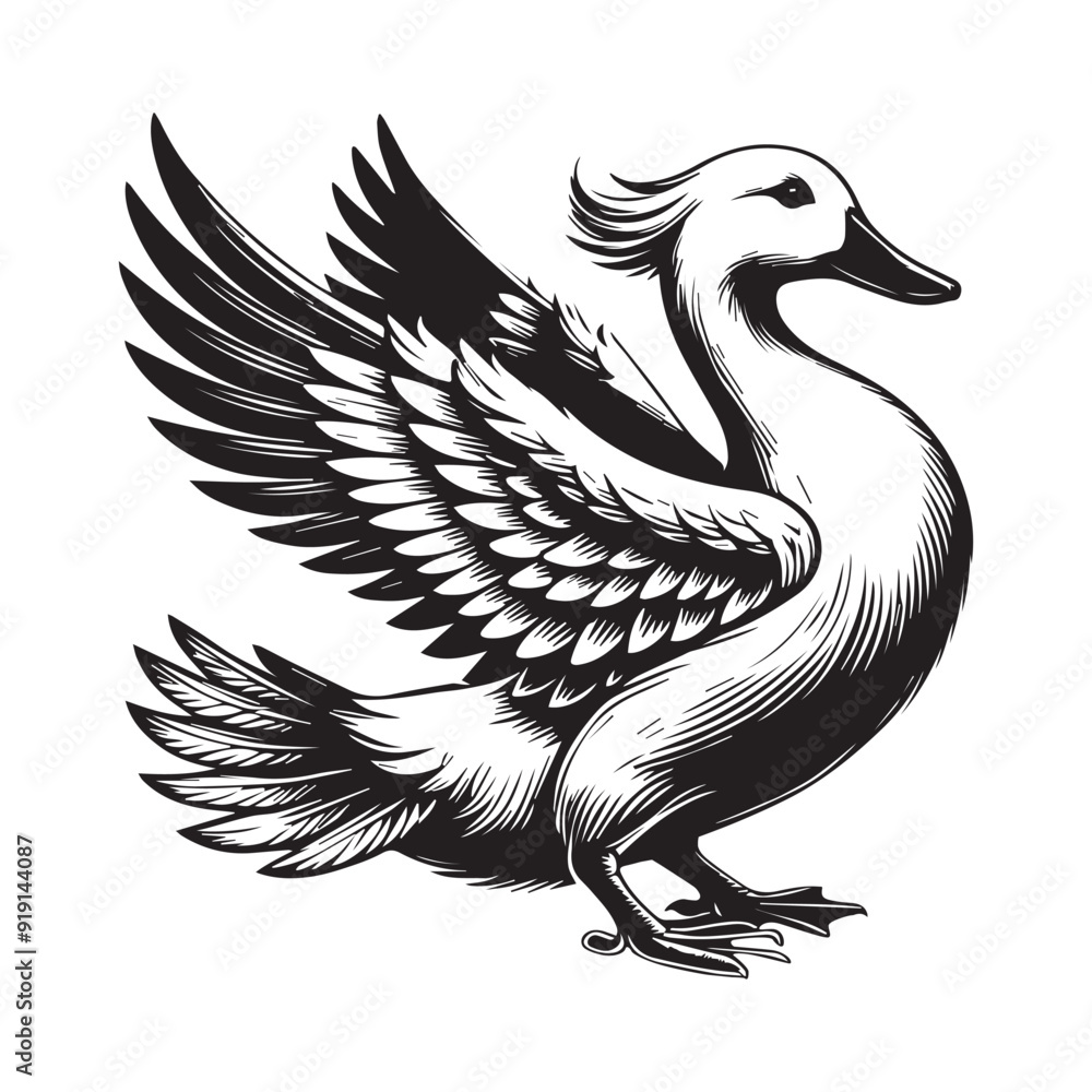 Fototapeta premium Duck Clipart, Duck Bird silhouette, A Duck Feather Flock illustration in black and white