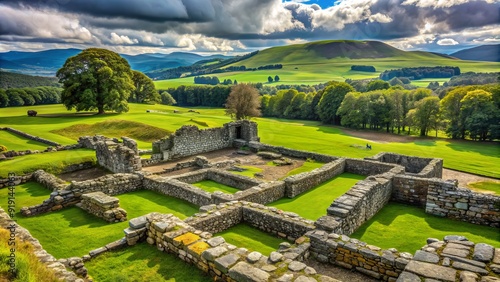 Ancient Roman ruins of Trimontium, a historic fortress nestled amidst lush greenery, with crumbling stone walls and moss-covered artifacts, in Scotland's countryside.