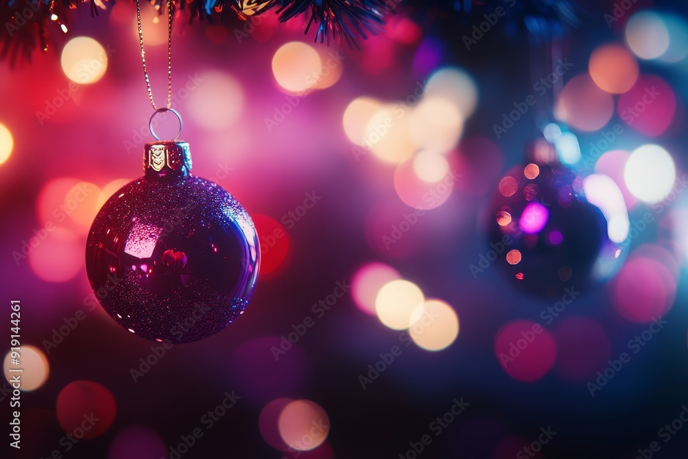 Hanging balls and lights decorate this festive New Year background Hanging balls and lights decorate this festive New Year background