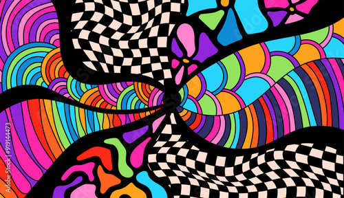 Zentangle coloring page for adult. Psychedelic groovy color background.