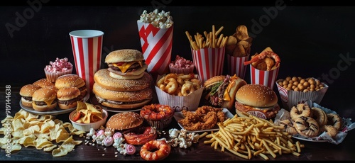 Pile of fast food, burgers, pizza, fried chicken, fries, candies, popcorn, dark grey background.