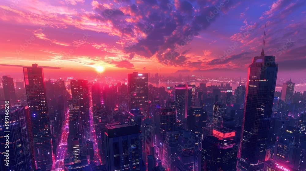 Fototapeta premium A dynamic cityscape at dusk with the sky painted in shades of pink and purple, skyscrapers reflecting the colors, and city lights beginning to twinkle, showcasing the beauty of an urban sunset