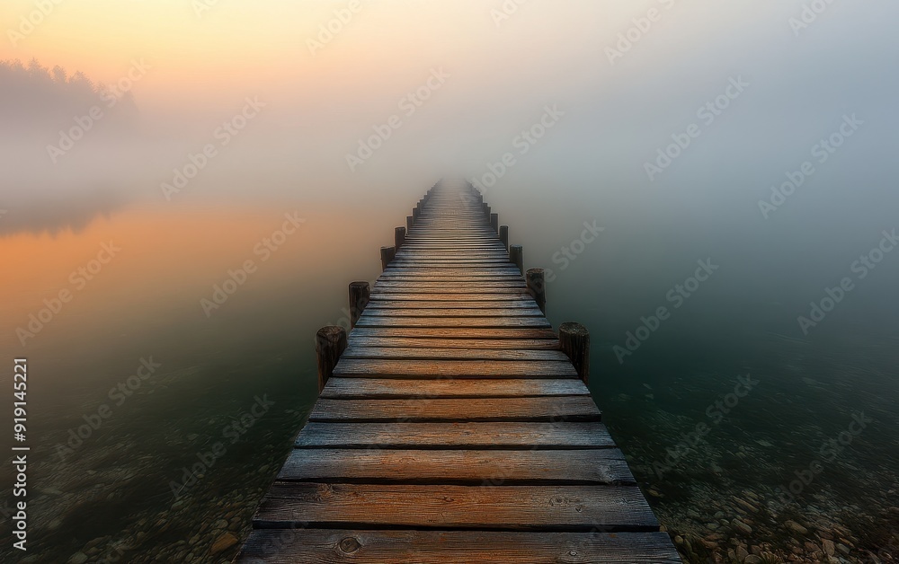 Wooden Dock Extending into Foggy Lake at Sunrise Wooden Dock Extending into Foggy Lake at Sunrise
