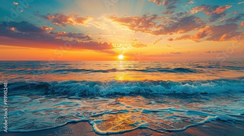 Fototapeta Naklejka Na Ścianę i Meble -  A serene sunset background featuring the sun setting over a calm ocean, the sky painted in warm hues, and gentle waves reflecting the colors, creating a peaceful and picturesque scene
