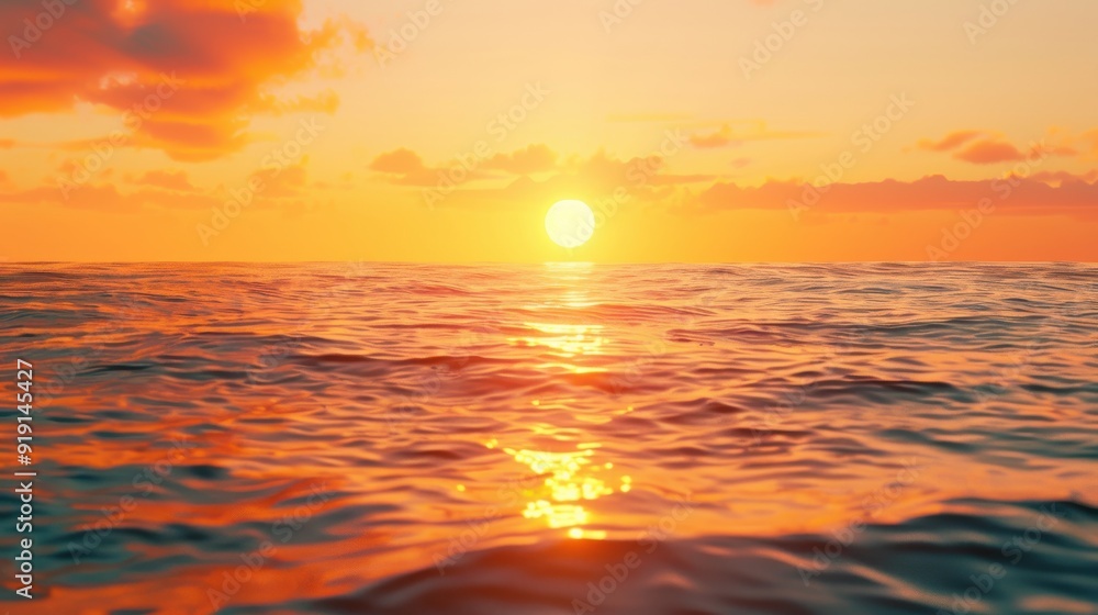 Fototapeta premium A serene sunset background featuring the sun setting over a calm ocean, the sky painted in warm hues, and gentle waves reflecting the colors, creating a peaceful and picturesque scene