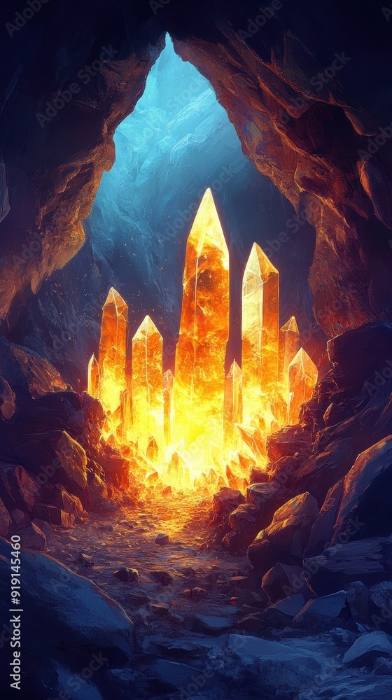 Glowing Orange Crystals in a Cave Fantasy Landscape Glowing Orange Crystals in a Cave Fantasy Landscape