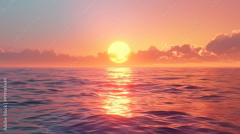 Obraz premium A serene sunset background featuring the sun setting over a calm ocean, the sky painted in warm hues, and gentle waves reflecting the colors, creating a peaceful and picturesque scene