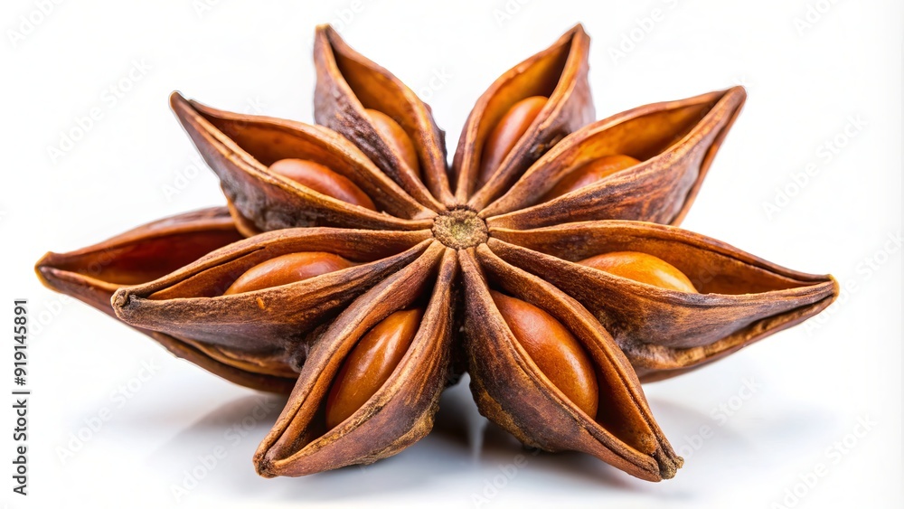 A single whole star anise spice with its distinctive star shape and brown color, isolated on a white background with a shallow depth of field. A single whole star anise spice with its distinctive star shape and brown color, isolated on a white background with a shallow depth of field.