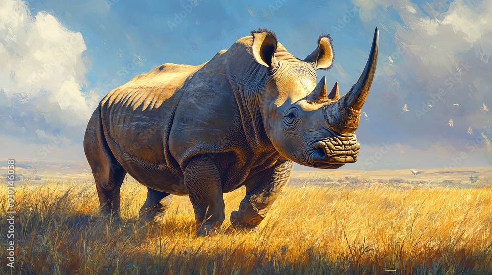 Fototapeta premium Powerful Rhino in Tall Grass: African Wildlife Photography
