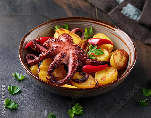 Grilled octopus with potatoes, red bell pepper, onions and fresh herbs on ceramic bowl over wooden table photo