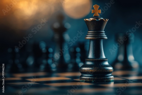 Black Queen Chess Piece Close-Up On Chessboard With Blurred Background.