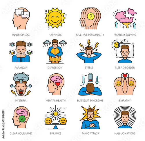 Mental health color icons, psychological disorder problems. Cognitive disorder or mental health, human psychology hysteria, stress and empathy, hallucinations, depression problems outline vector icons