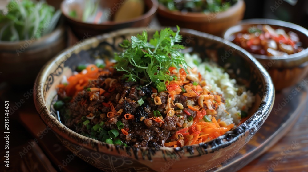 Close-up of a Bowl of Stir-Fried Beef with Rice and Vegetables Close-up of a Bowl of Stir-Fried Beef with Rice and Vegetables