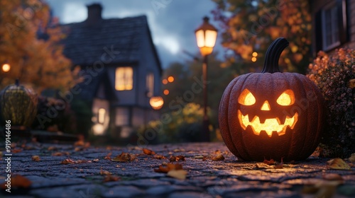 Spooky Halloween decor with pumpkins and jack-o-lanterns photo