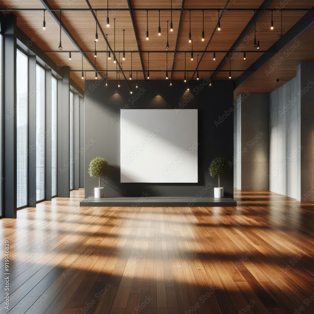 Modern empty gallery interior with mock up place on dark wall, wooden, flooring and windows with daylight. 3D Rendering.
Modern empty gallery interior with mock up place on dark wall, wooden, flooring and windows with daylight. 3D Rendering.