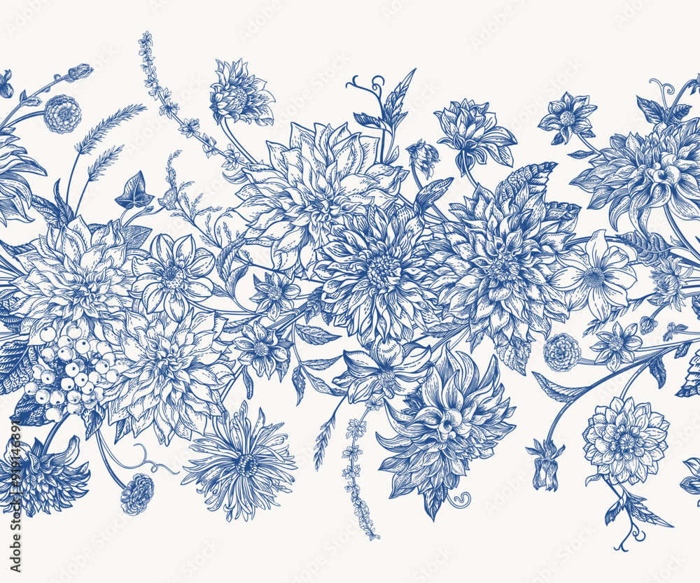 Fototapeta premium Horizontal floral seamless border. Dahlias, asters, dogwood berries, spikelets. Blue