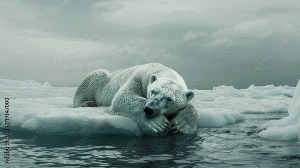 Naklejka premium Polar bear on small polluted ice floe in somber Arctic scene highlights impacts of climate change on environment and uncertain future for these bears.