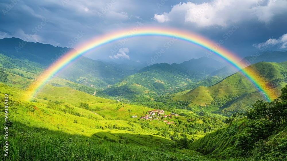 Obraz premium Breathtaking Rainbow Over Lush Green Rice Terraces in Mountains.