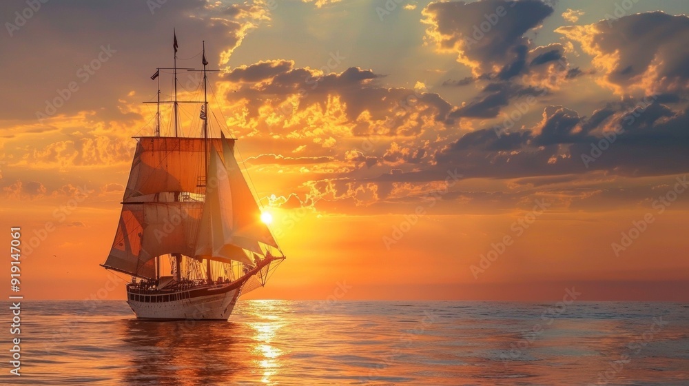 Tranquil sunset scene with sailboat on calm ocean. Striking orange sky, wind-filled sails, flags waving, small boat nearby. Vivid contrast, artistic silhouette. Tranquil sunset scene with sailboat on calm ocean. Striking orange sky, wind-filled sails, flags waving, small boat nearby. Vivid contrast, artistic silhouette.