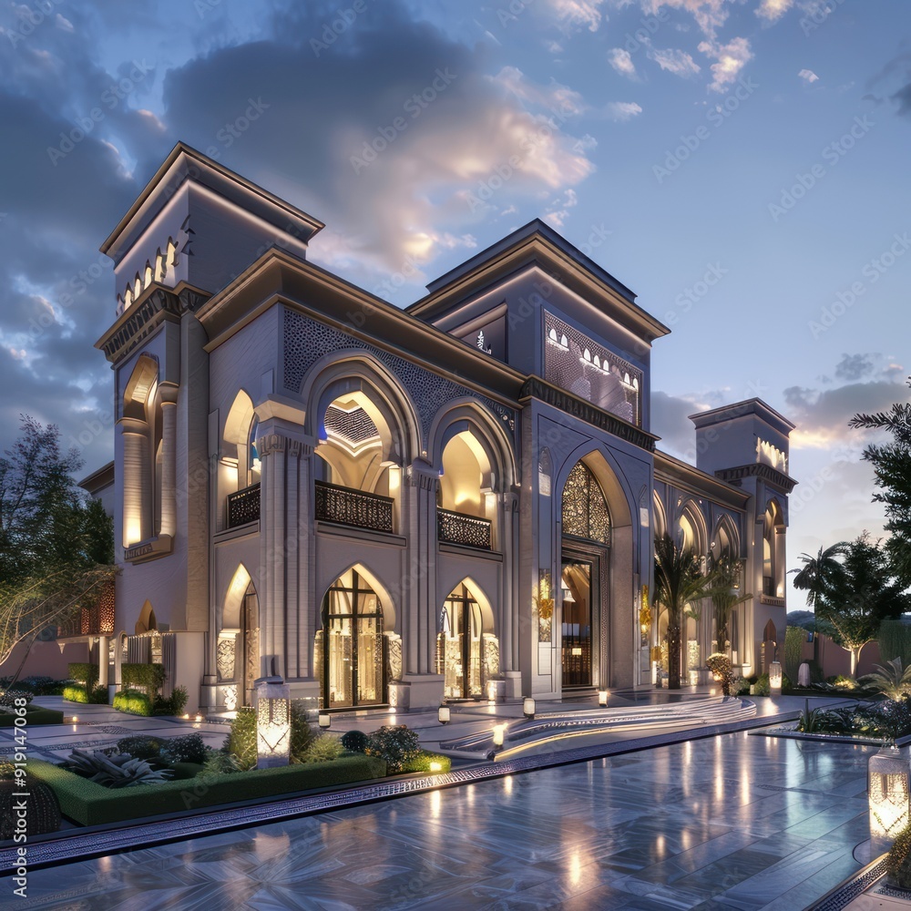Obraz premium Modern Islamic Architecture with Arched Windows and a Reflecting Pool