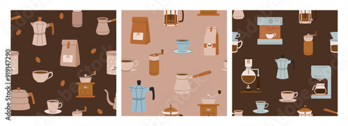 Set of coffee brew and accessory seamless pattern. Beans, espresso, cappuccino, latte cup background. Vector illustration