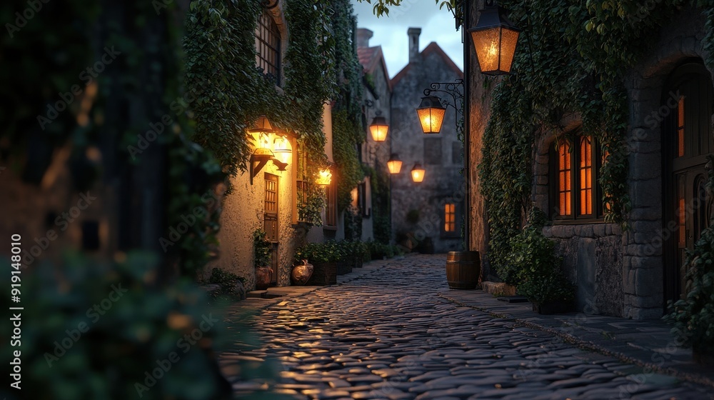 Cobblestone Street in a Medieval European Town at Night with Lanterns, Plants, and Stone Buildings. Cobblestone Street in a Medieval European Town at Night with Lanterns, Plants, and Stone Buildings.