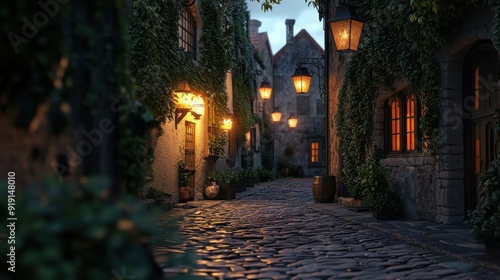 Cobblestone Street in a Medieval European Town at Night with Lanterns, Plants, and Stone Buildings.