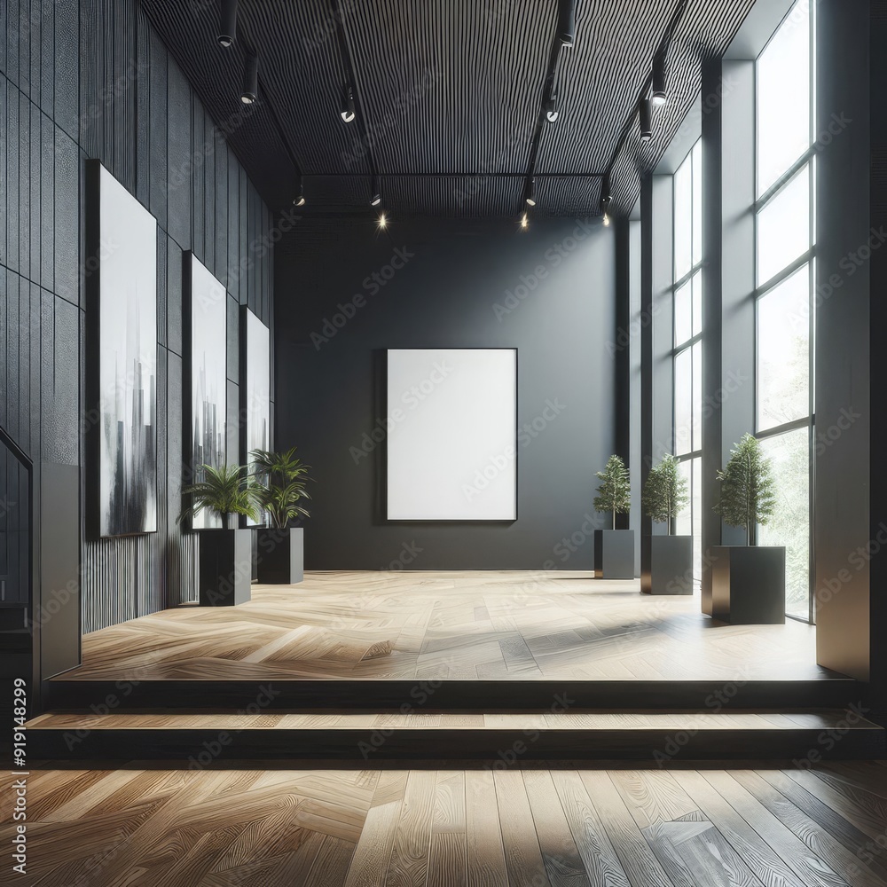 Fototapeta premium Modern empty gallery interior with mock up place on dark wall, wooden, flooring and windows with daylight. 3D Rendering.