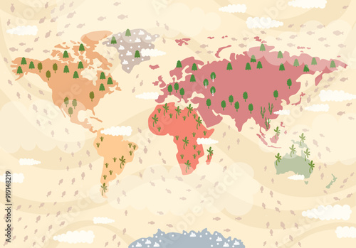 Children world map with continents and oceans,plants.Vector flat illustration.Nursery print with hand draw style.Global geography.Yellow, orange, red,green and blue.