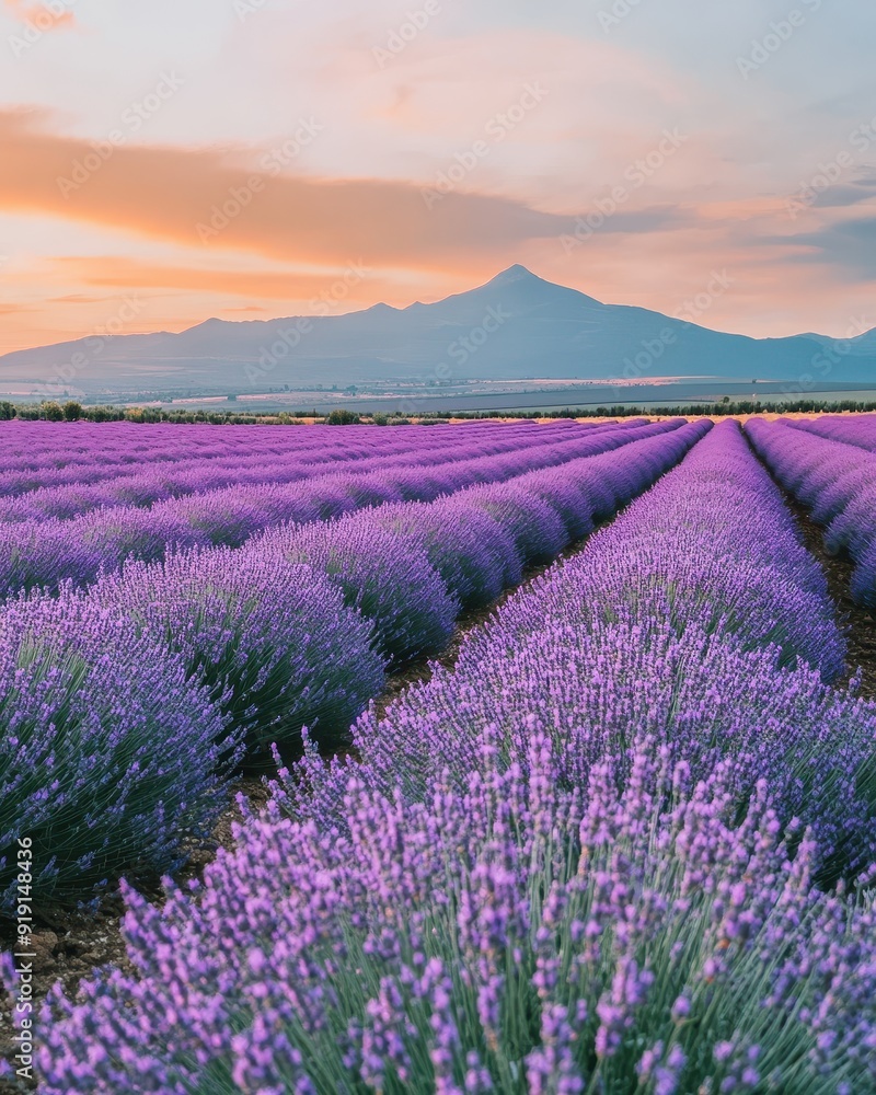 Naklejka premium Lavender Field at Sunset with Mountain View - Stunning Purple Landscape Photography.
