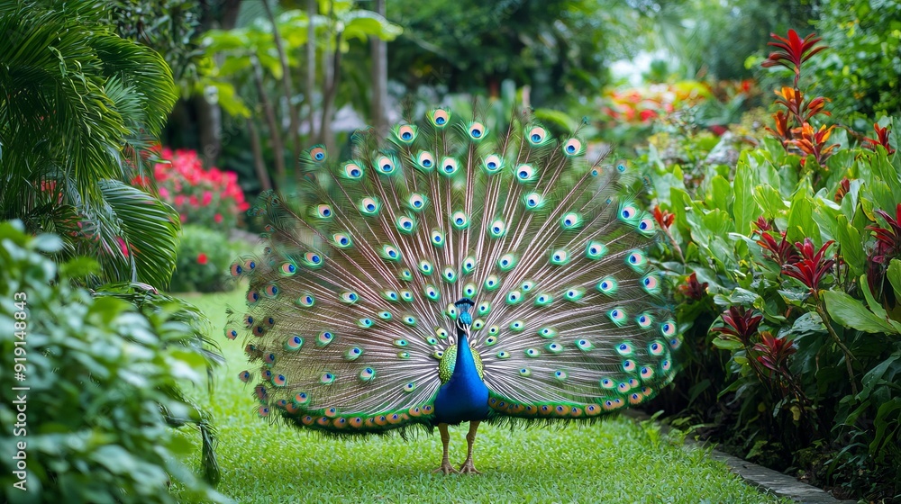 Obraz premium Majestic Peacock Strolling Through a Vibrant Garden - Stock Photo