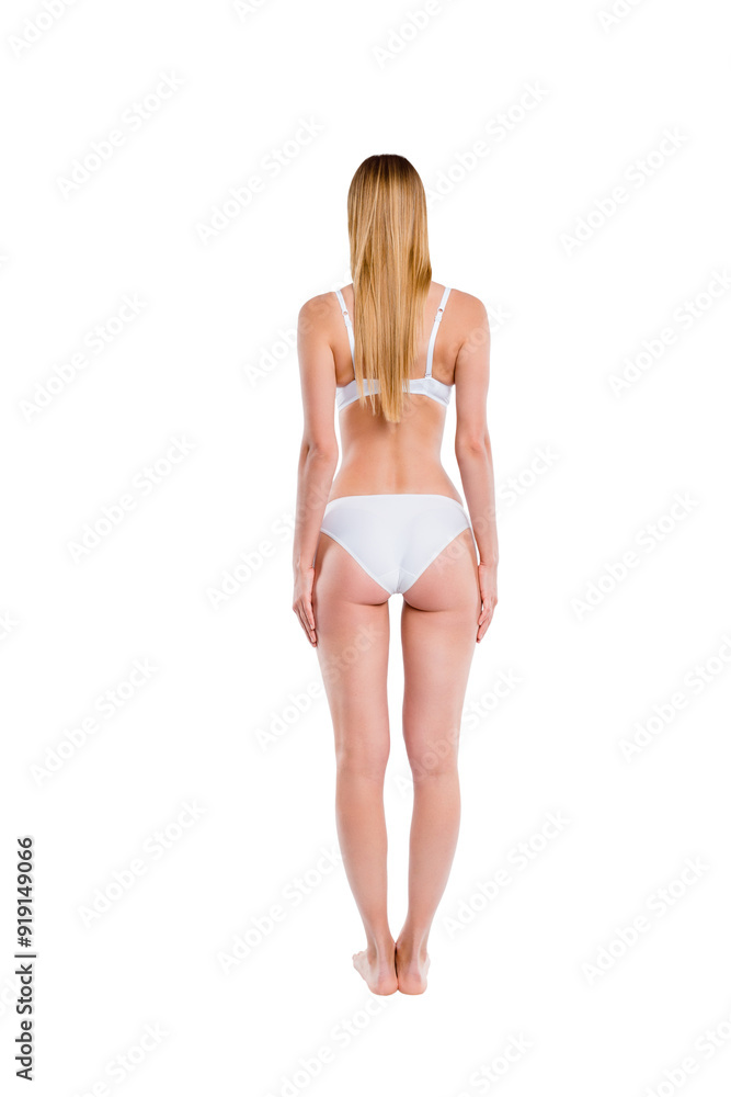 Vertical full length body size rear back behind view of nice attractive skinny thin sportive girl perfect figure shape form line standing straight long legs isolated over light gray background Vertical full length body size rear back behind view of nice attractive skinny thin sportive girl perfect figure shape form line standing straight long legs isolated over light gray background