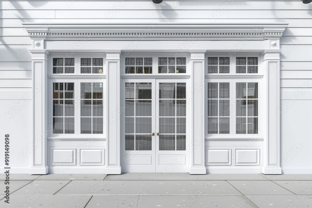 Fototapeta premium A simple white building with two double doors and a fire hydrant outside, perfect for use in architecture or urban planning contexts