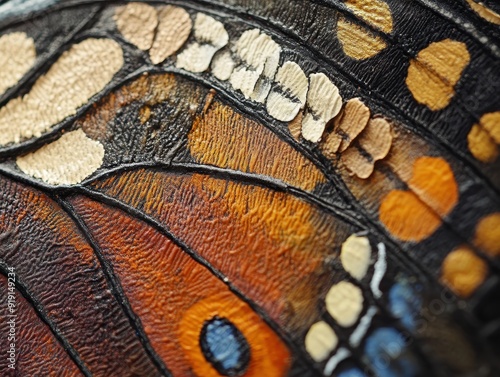 Close-up of a Butterfly Wing, Detailing Intricate Patterns and Colors.