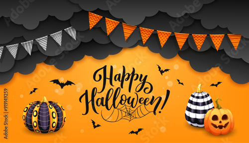 Halloween paper cut bats, holiday pennant, black clouds and patterned pumpkins. Fall season horror celebration, Happy Halloween festive party, October holiday paper cut vector background or banner