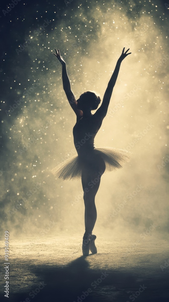 Ballerina Silhouette in a Sparkling Snowstorm, Graceful Dance Performance. Ballerina Silhouette in a Sparkling Snowstorm, Graceful Dance Performance.