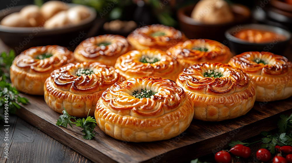 Festive Cheese and Herb Mooncakes on Wooden Board with Fresh Ingredients Festive Cheese and Herb Mooncakes on Wooden Board with Fresh Ingredients