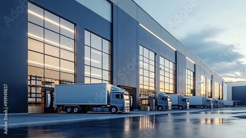 A large building with many trucks parked in front of it photo