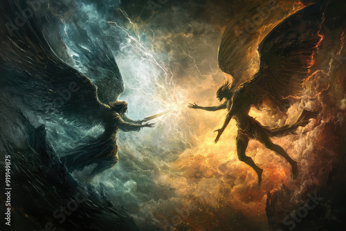 An epic clash unfolds as an angel and a demon battle amid a tempestuous sky filled with storm and fire, worlds collide. photo