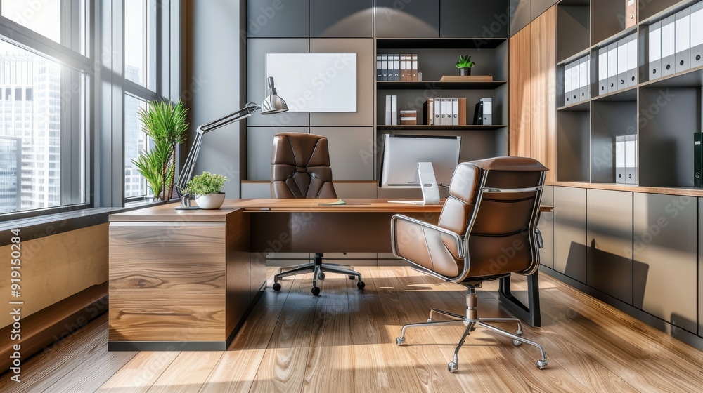 An empty office background with sleek, modern furniture, a large desk, ergonomic chairs, and a clean, organized layout that promotes focus and efficiency, perfect for professional settings An empty office background with sleek, modern furniture, a large desk, ergonomic chairs, and a clean, organized layout that promotes focus and efficiency, perfect for professional settings