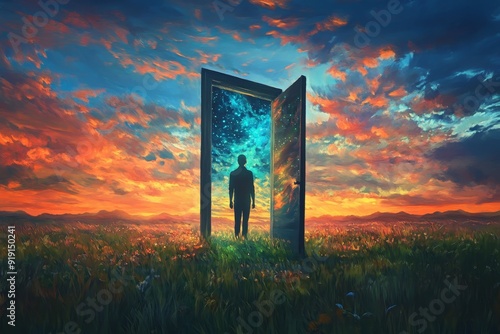Abstract Surreal Painting of Man Embracing Success and Hope in Nature's Doorway | Conceptual Artwork of Ambition and Happiness