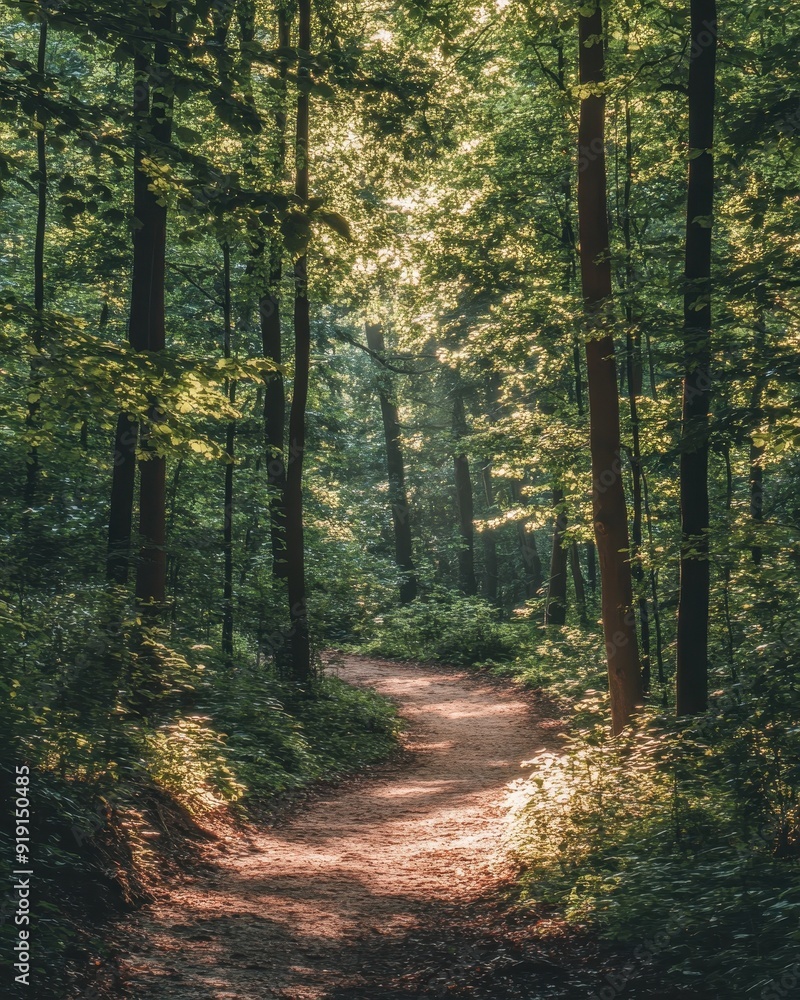 Fototapeta premium Sunlit Forest Path with Lush Greenery and Sunlight Streaming Through Trees