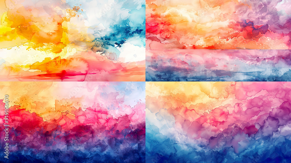Vibrant watercolor washes of sunset skies, dynamic and bold transitions, creative and artistic backgrounds Vibrant watercolor washes of sunset skies, dynamic and bold transitions, creative and artistic backgrounds