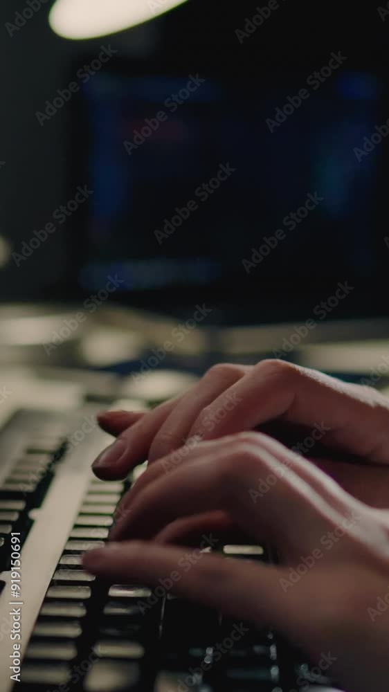 Portrait Display. Coding and creating programs, Girl sits at table and works with laptop, Computer keys - hands of girl creating code by pressing keys, Remote work from home work at a distance Portrait Display. Coding and creating programs, Girl sits at table and works with laptop, Computer keys - hands of girl creating code by pressing keys, Remote work from home work at a distance